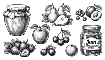 Fruit jam jar set with apple pear strawberry and cherry