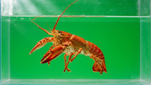 Crawfish in a glass tank water.