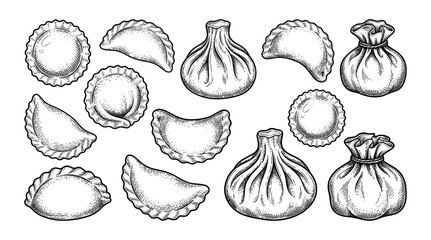 Dumpling and khinkali set in vintage engraving style