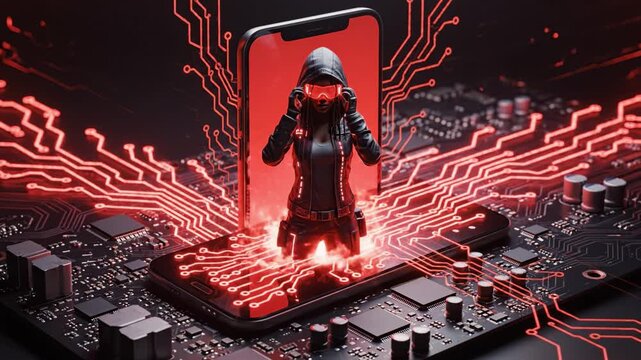 Hacker avatar emerging from smartphone circuit board with red neon data streams and glowing circuit streams black motherboard, cyberpunk female figure hood and goggles conveying digital intrusion