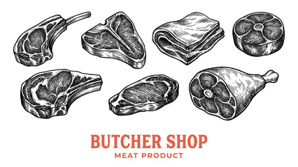 Butcher shop meat product collection in vintage engraving style