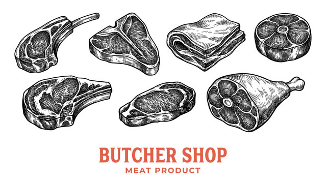 Butcher shop meat product collection in vintage engraving style