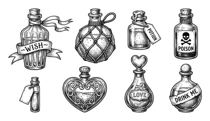 Magic potion and poison bottle collection in vintage engraving style