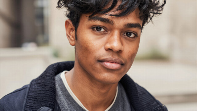Close up portrait of a young man with dark hair and expressive eyes looking directly at the camera with a serious and authentic facial expression.
