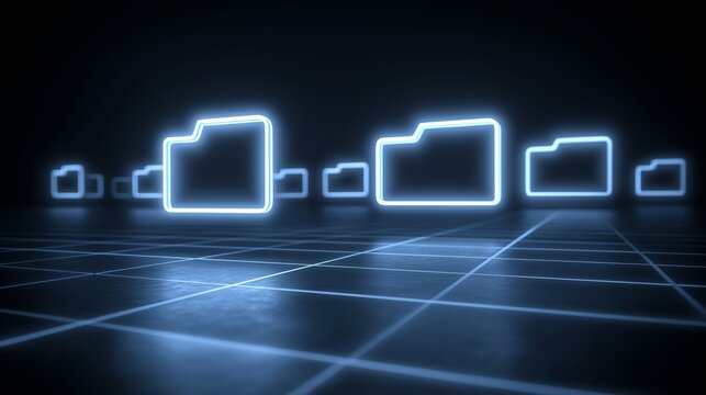 Glowing folder nodes representing storage abstraction in a digital space