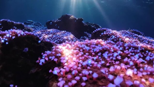 Vibrant underwater scene of a coral reef teeming with life, showcasing colorful polyps illuminated by sunbeams piercing the deep blue ocean.