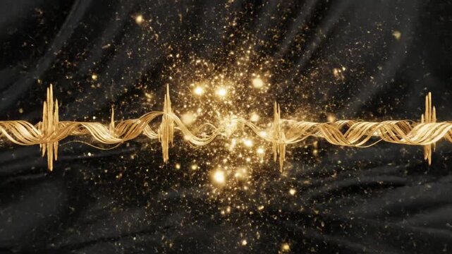 Sound waves in gold on black fabric display different wave patterns and sparkles