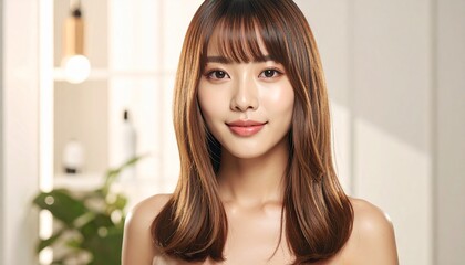 明るい笑顔のミディアムボブ日本人女性｜艶髪が美しい美容室・ヘアサロン向けイメージ