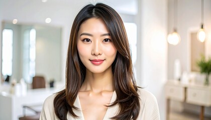 明るい笑顔のミディアムボブ日本人女性｜艶髪が美しい美容室・ヘアサロン向けイメージ