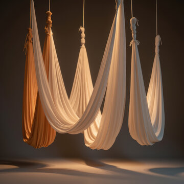 Hanging fabric hammocks in warm neutral tones, suspended in soft studio lighting, create serene and cozy atmosphere