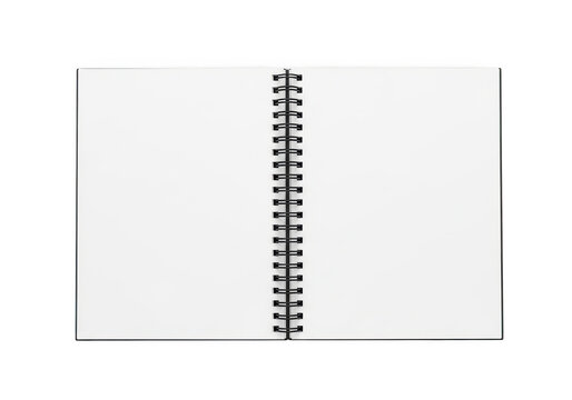 A close-up view of a spiral-bound notebook with blank white pages. isolated on transparent background