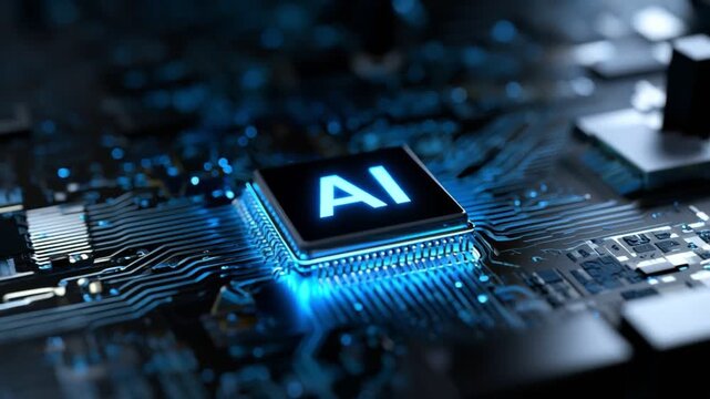 Close-up of a glowing AI chip set on a dark circuit board, illustrating the power and innovation of artificial intelligence in modern technology, perfect for tech-related projects.