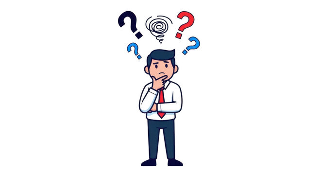 A cartoon man with question marks and a lightbulb thinking face expression isolated on transparent background