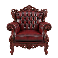 A vintage red velvet armchair with intricate wooden carvings and a high backrest isolated on transparent background