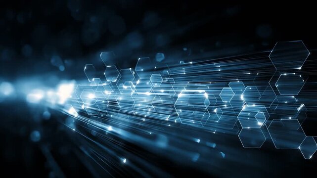 An abstract representation of technology, showcasing bright blue light beams and hexagonal shapes, symbolizing innovation and digital advancement in a modern world.