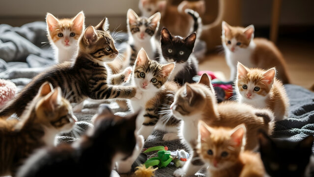 Group of playful kittens interacting on a cozy blanket indoors