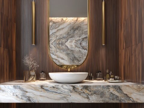 Upscale bathroom vanity area features rich wood paneling and striking natural stone surfaces