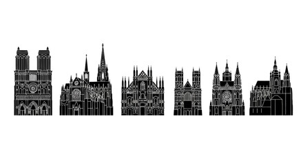 Obraz premium Gothic Architecture Silhouettes Against White Background.