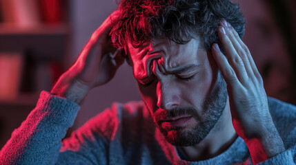 Sharp pain. Concentrated brunette keeping eyes closed and bowing head while having headache