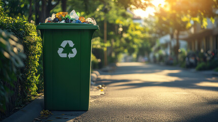 Green colored, plastic garbage bins, with different recycle logos on front