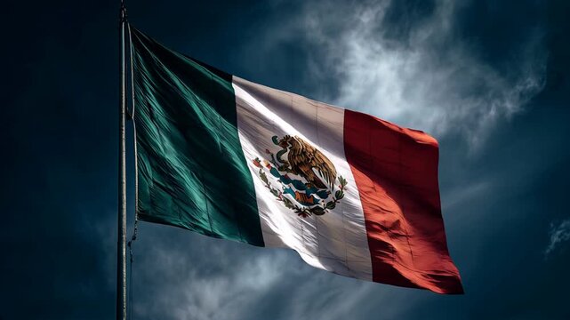 mexican flag waving in the wind. flag of mexico with dark stormy background