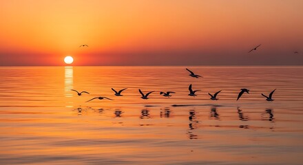 Birds flying over calm sea at sunset.