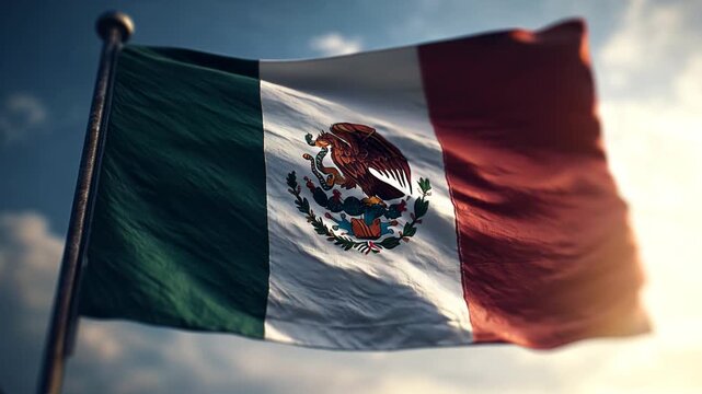 mexican flag waving in the wind. flag of mexico in blue sky