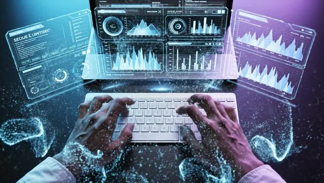 Programmer typing on keyboard with holographic data displaying financial charts and information for futuristic data analysis and cyber security