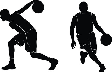 Silhouette of basketball player dribbling and practicing sports action, athlete training for competition, professional basketball movement isolated vector illustration © PINKI