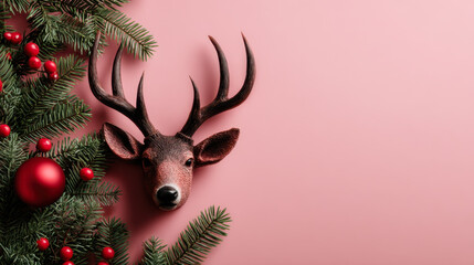 Santas reindeer made of antlers, Holly Christmas plant and red New Year bauble decoration
