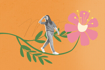 Creative sketch art collage of happy girl walk plant stem lookout tulip bud blossom international woman day postcard event © deagreez