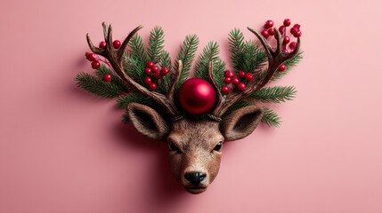 Santas reindeer made of antlers, Holly Christmas plant and red New Year bauble decoration