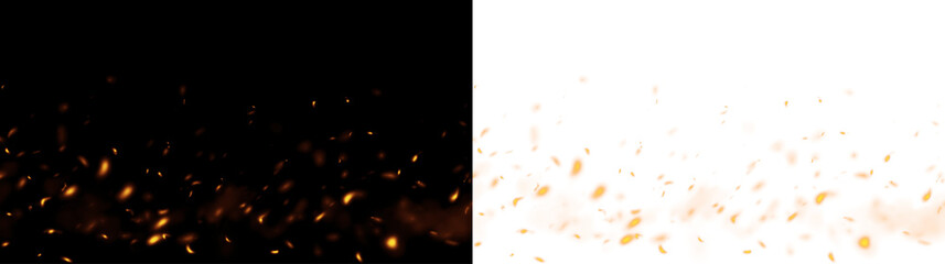 Realistic fire flames with glowing embers and sparks isolated on transparent background. Warm flowing fire effect for overlay design. © Pro_Light