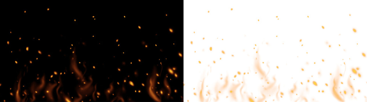 Abstract burning fire with glowing particles and orange flames on checkered background. Decorative element for war or campfire scenes.