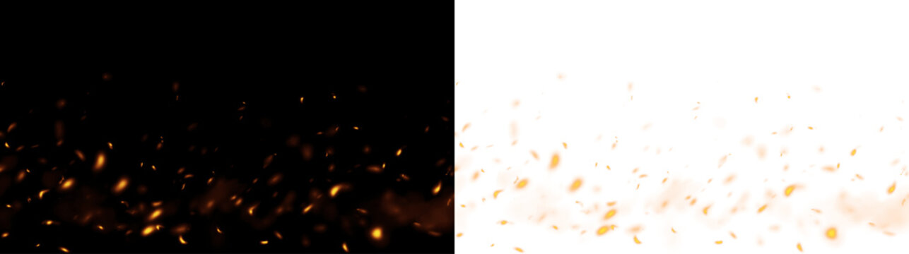 Realistic fire flames with glowing embers and sparks isolated on transparent background. Warm flowing fire effect for overlay design.