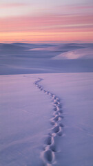 Animal footprints in snowy landscape at sunset