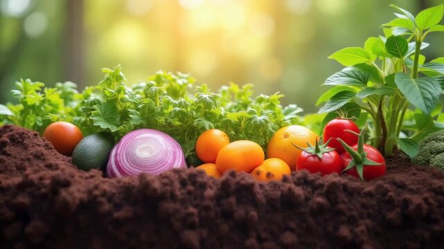 Composting transformation: food waste becoming nutrient-rich soil, decomposition stages glowing zero waste 