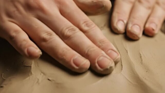 Crafting with Clay - Hands Shaping and Smoothing a Clay Surface.