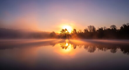 Sunrise over serene lake with trees.