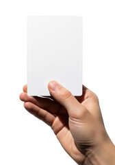 Hand holding a blank white card isolated on transparent background
