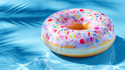 Inflatable circle donut in the pool. Clear blue water in the pool. Relax in the backyard of a country house