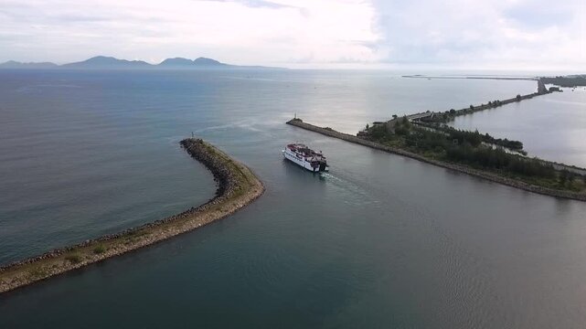 Drone Aerial of Ferry Ship at Ulee Lheue Port, Banda Aceh, Indonesia