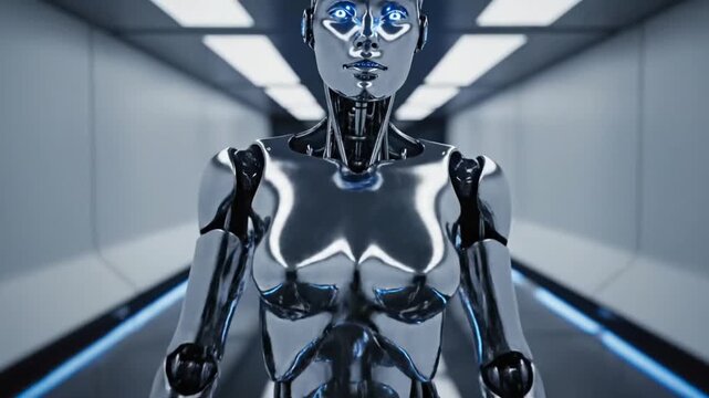 Robot walks in a futuristic hallway with bright lights and shiny surfaces during an advanced technology demonstration