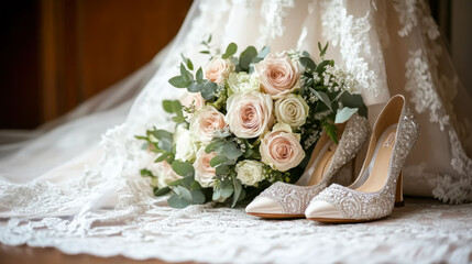 Elegant wedding dress, delicate lace, and beautiful floral bouquet featuring roses and greenery