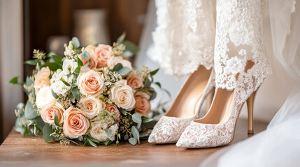 Elegant wedding dress, delicate lace, and beautiful floral bouquet featuring roses and greenery