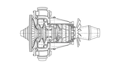 Obraz premium Aircraft Gas Turbine Engine 2D Section Drawing – Detailed Jet Engine Cutaway Illustration