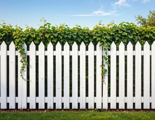 Obraz premium White Picket Fence with Green Vines Against a Bright Blue Sky Day