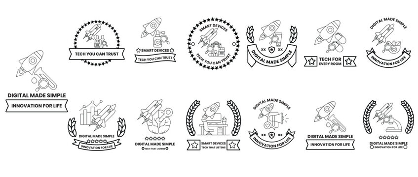 A set of digital badges with a variety of designs and symbols
