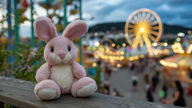 122Charming carnival scene with a pink bunny plush toy as the focal point, warm lights reflecting off the stall, blurred people and rides in the distance, joyful fairground ambiance