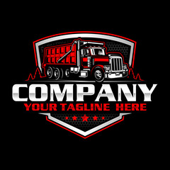 American Dump Truck Logo Design, Heavy Duty Construction Transport Emblem Vector Illustration
